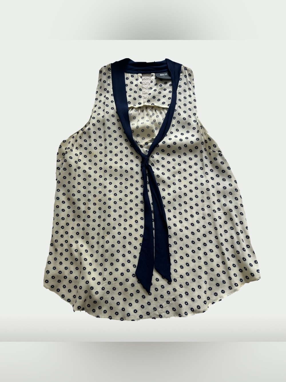 Anthropologie Ivory Sleeveless Tie-Neck Top with Navy Floral Dot Print